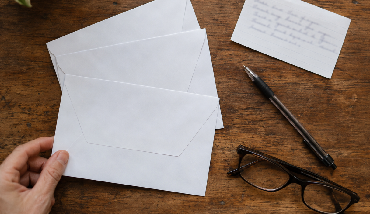 Three plain envelopes and a handwritten index card laid out on a desk, seen from above