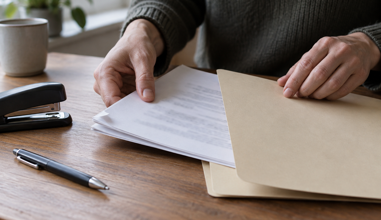 Hands filing printed reports into a plain folder on a desk