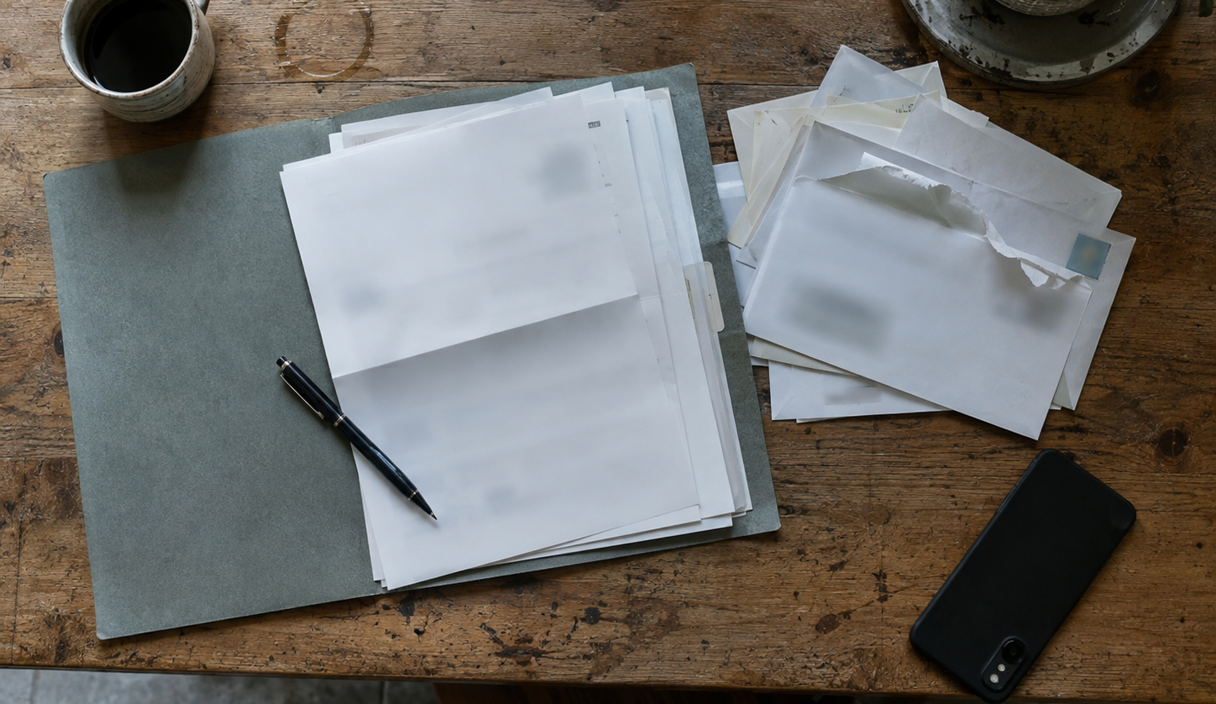 An open folder of notice letters with their envelopes fanned beside it on a table, seen from above