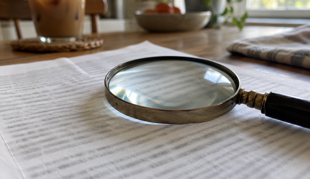 A magnifying glass lying on a printed contract page on a kitchen table