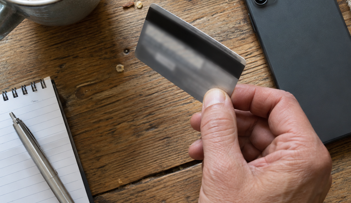 Eine Hand dreht eine Bankkarte auf einem Holztisch um. Daneben liegen ein Smartphone mit dem Display nach unten und ein Notizblock