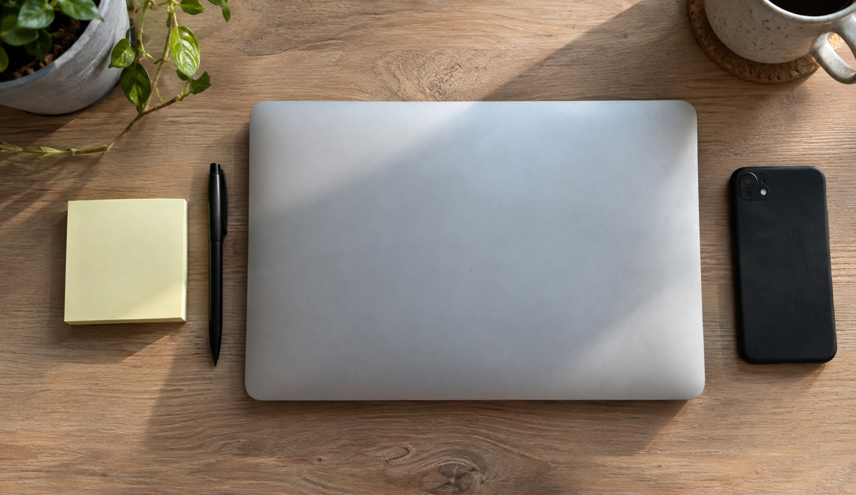 Overhead view of a desk with a sticky note pad, a pen and a closed laptop, with a phone lying face down beside them in soft daylight.
