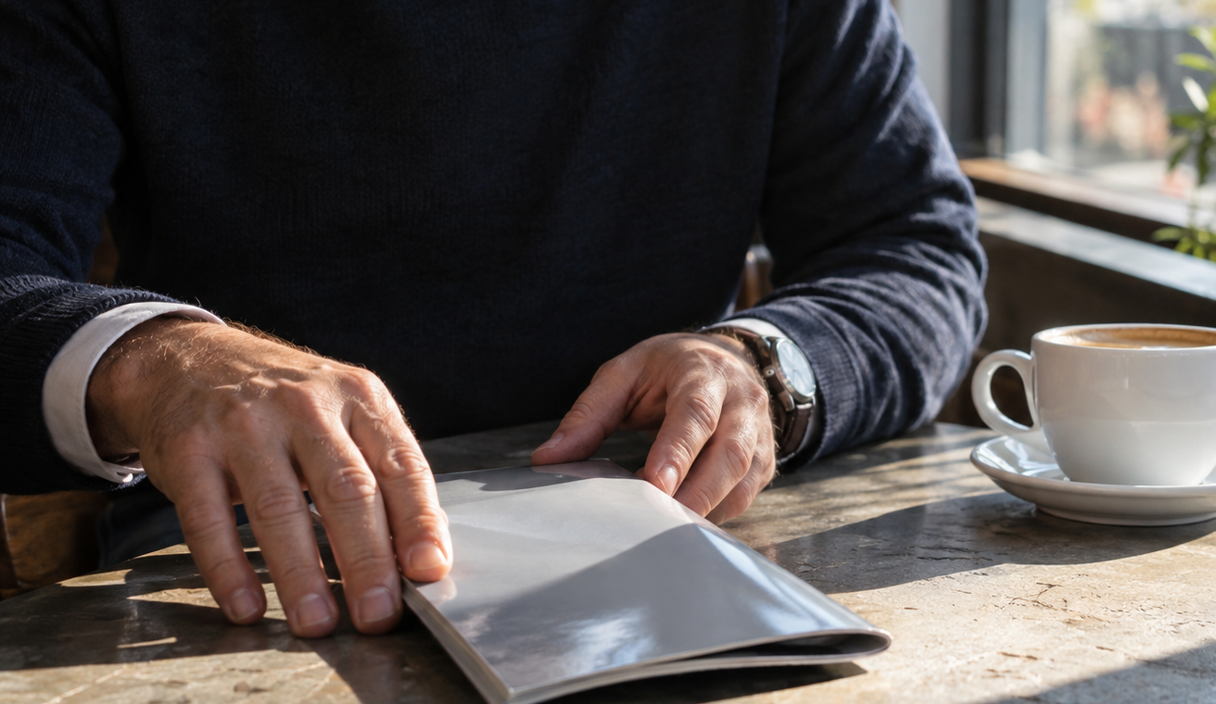 A man's hands closing a glossy brochure and pushing it away across a café table