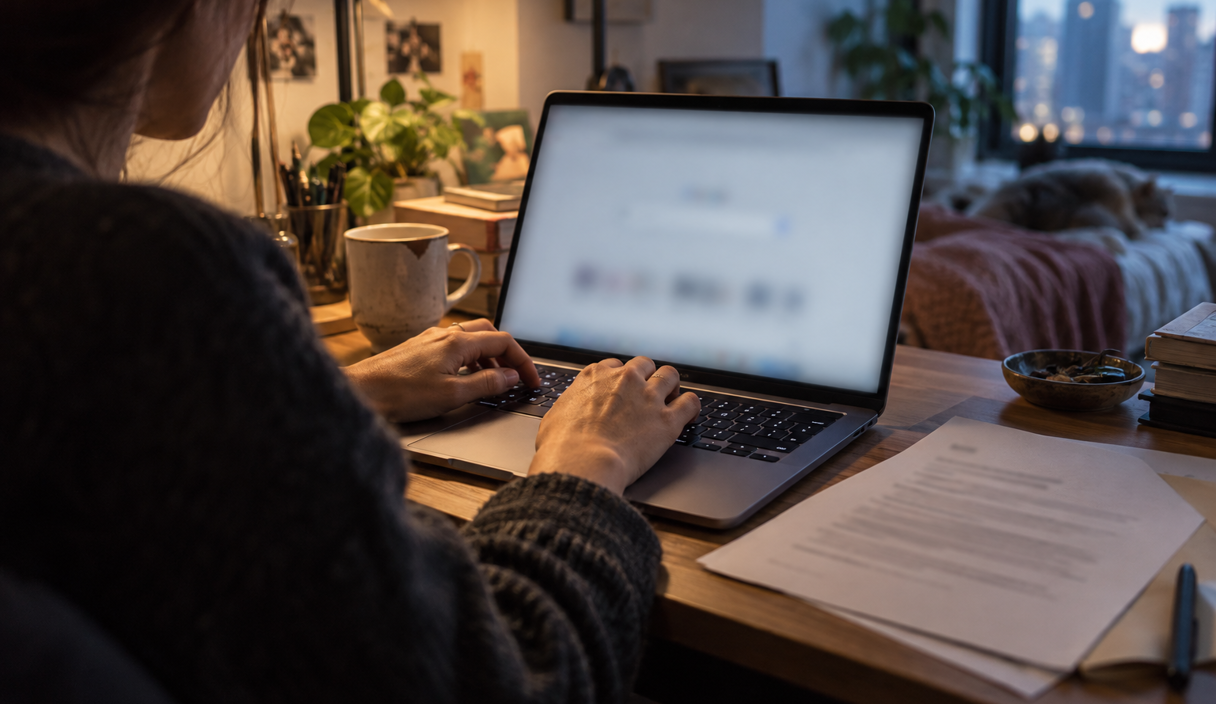 Someone typing a search on a laptop while a printed job offer lies beside the keyboard
