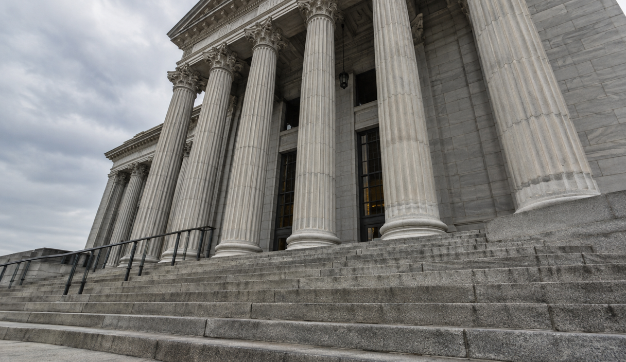 Stone courthouse-style steps and columns photographed from a low angle under an overcast sky, with no signs or inscriptions.