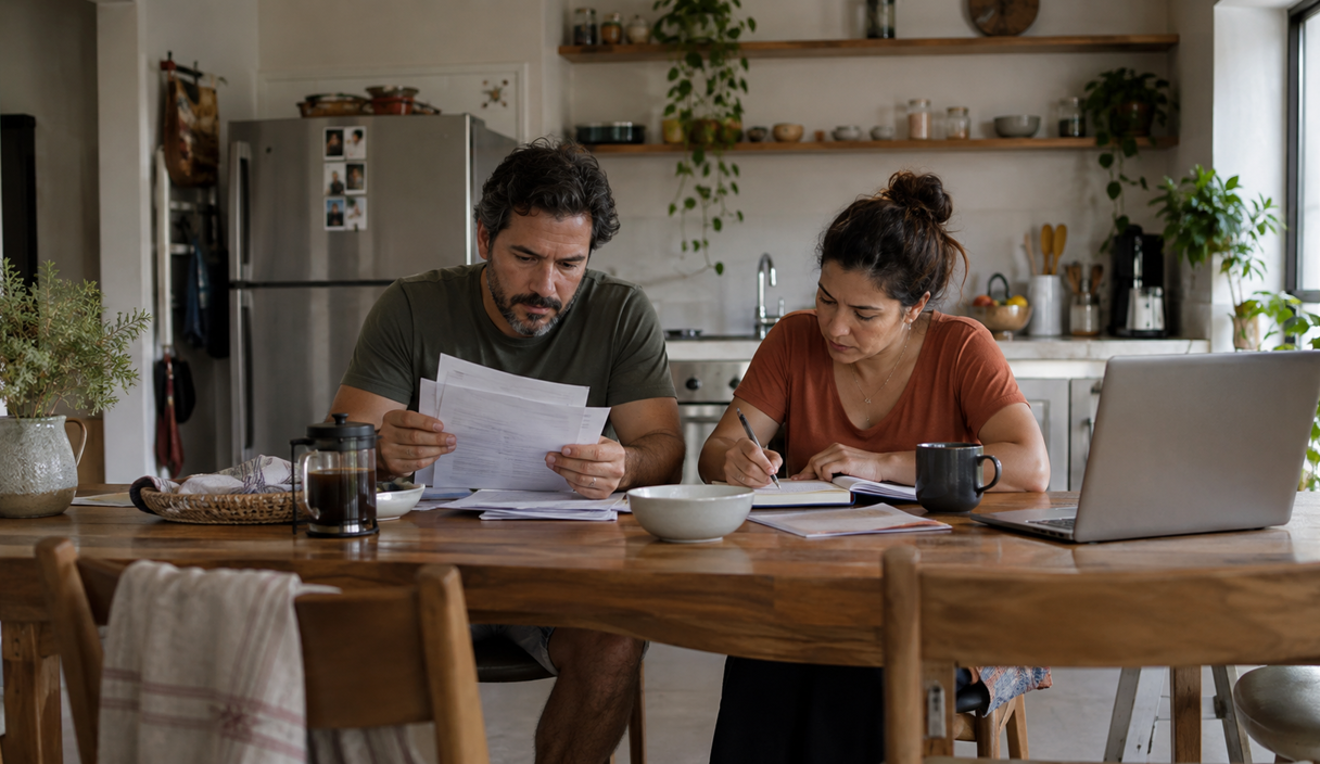 Homem e a esposa na mesa da cozinha conferindo documentos impressos, ela anotando num caderno e um notebook de lado