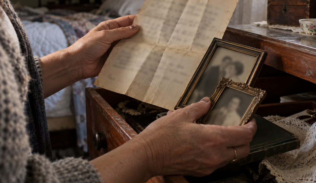 Hands lifting a folded document and small framed photographs out of a dresser drawer