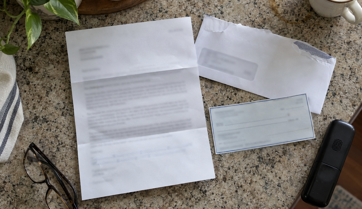 Ein aufgefalteter Brief, ein geöffneter Umschlag und ein Scheck liegen auf einer Granitplatte, daneben eine Brille und ein Telefon