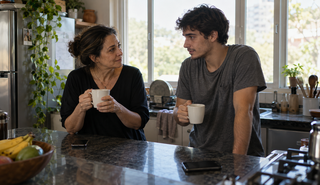 Mãe e filho de camiseta conversando encostados na pia da cozinha pela manhã, com xícaras de café e os dois celulares virados sobre a bancada