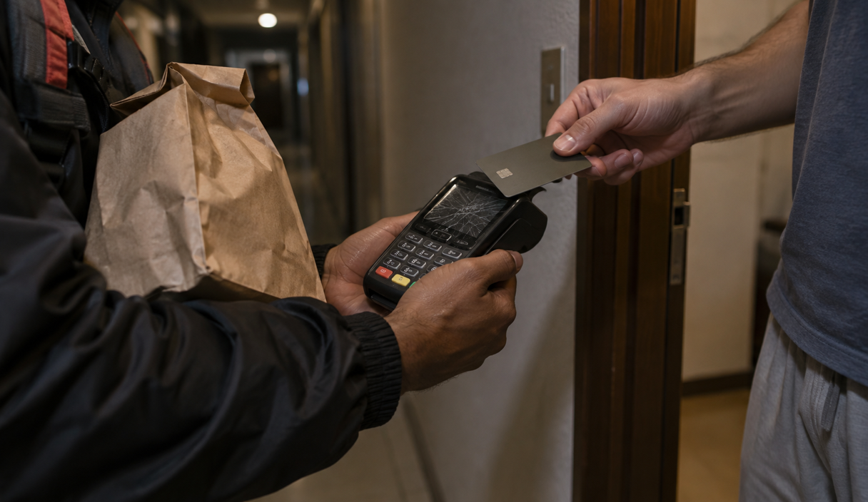 Vista de cima de uma mesa com celular, cartão, envelope, caixa de entrega e chaves Aposentada recebe ligação da Cliente paga lanche de R$ 19,90 na maquininha do entregador, abre o extrato no dia seguinte e encontra uma cobrança de R$ 1.990