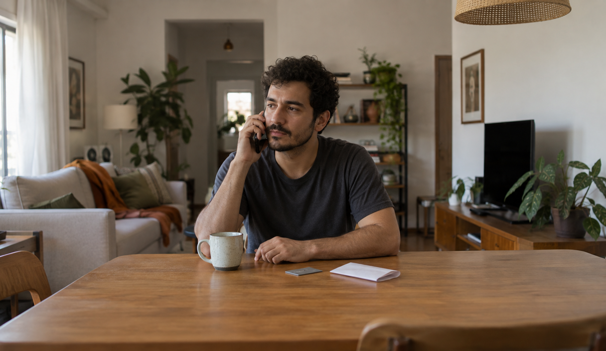 Rapaz jovem sentado à mesa da sala pela manhã, com uma caneca de café, falando ao celular com expressão séria e calma, um cartão e um papel dobrado sobre a mesa