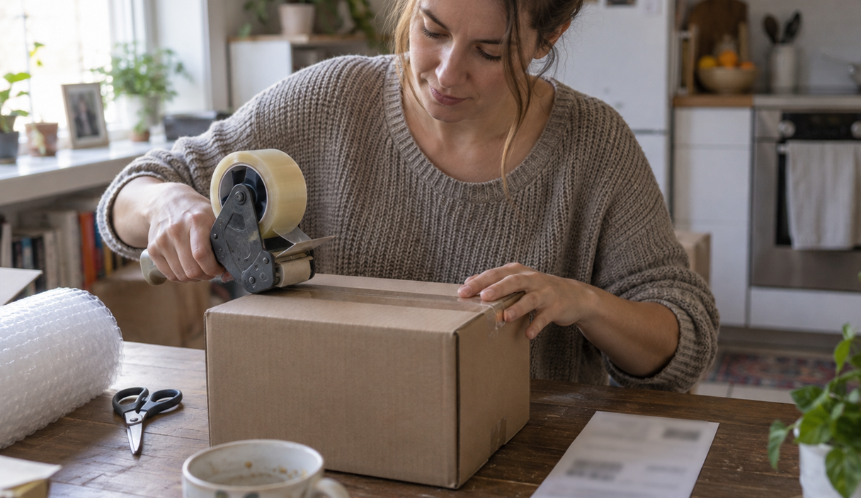 A woman taping a cardboard box shut at her kitchen table with a shipping label ready