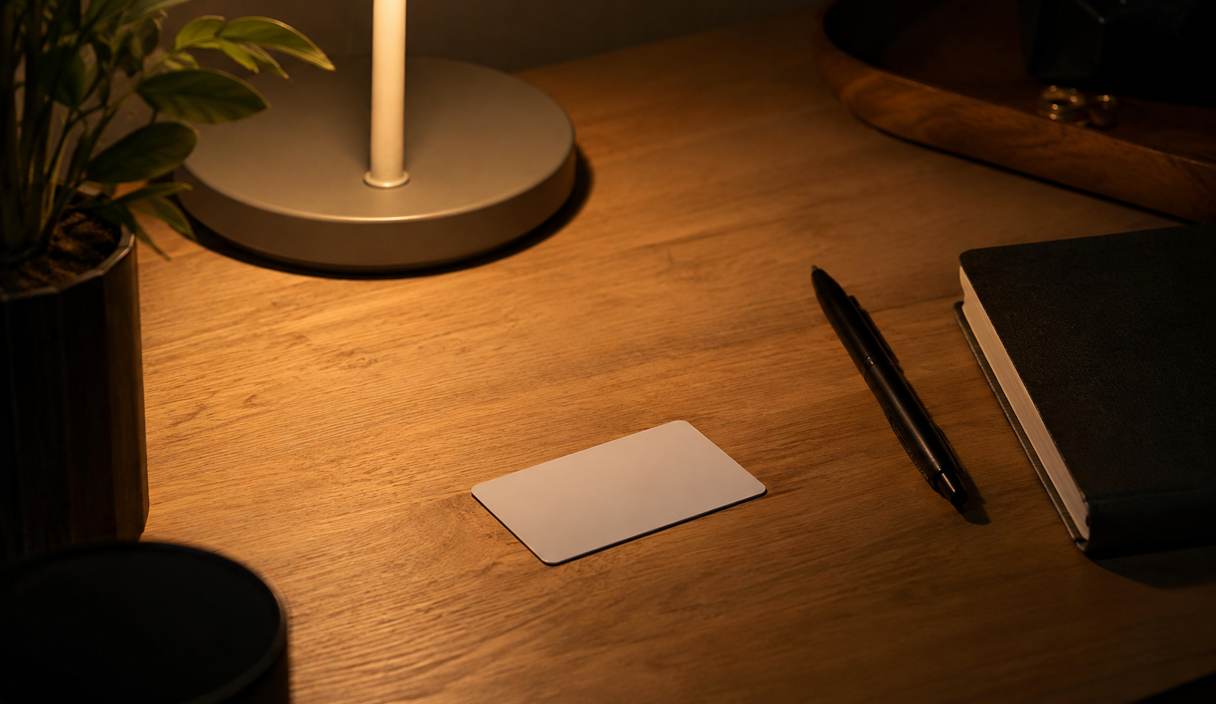 A reading lamp over a desk with a plastic card lying face down beside a pen and a notebook, in warm light.
