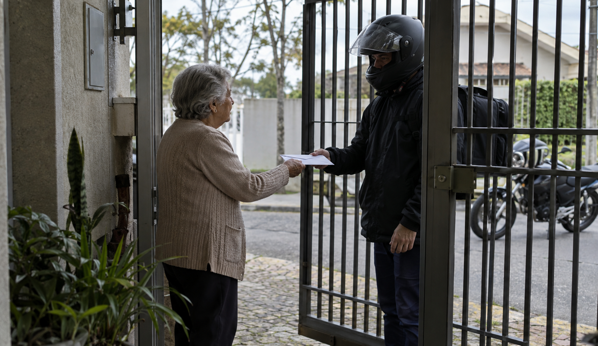 Vista de cima de uma mesa com celular, cartão, envelope, caixa de entrega e chaves Aposentada recebe ligação da Idosa entrega o cartão a um motoboy que diz ser do banco para trocar o cartão clonado e descobre que nenhum banco busca cartão na casa do cliente