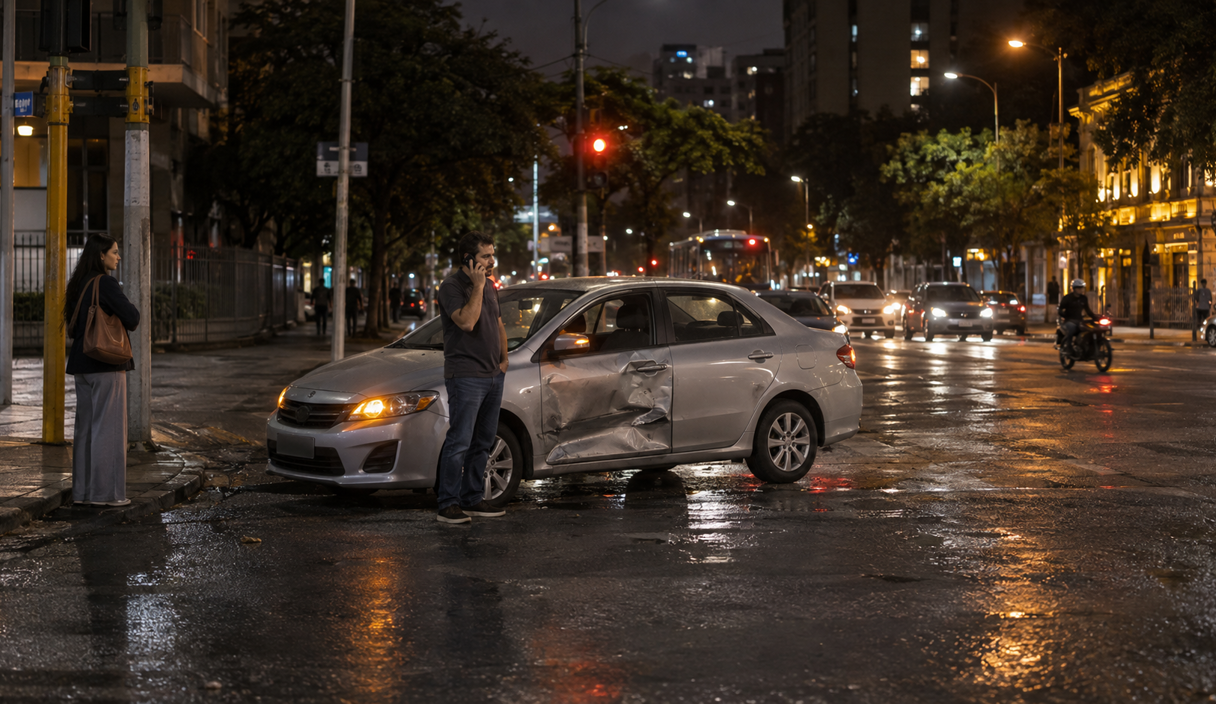 Vista de cima de uma mesa com celular, cartão, envelope, caixa de entrega e chaves Aposentada recebe ligação da Motorista de aplicativo bate o carro durante uma corrida e descobre que a seguradora podia negar a indenização por causa de um campo marcado na hora de contratar
