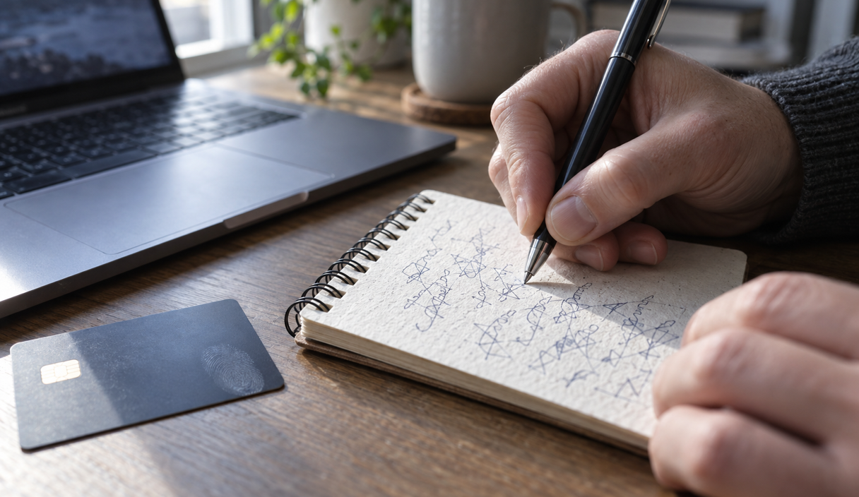 Une main prend des notes dans un petit carnet à côté d'un ordinateur portable et d'une carte bancaire