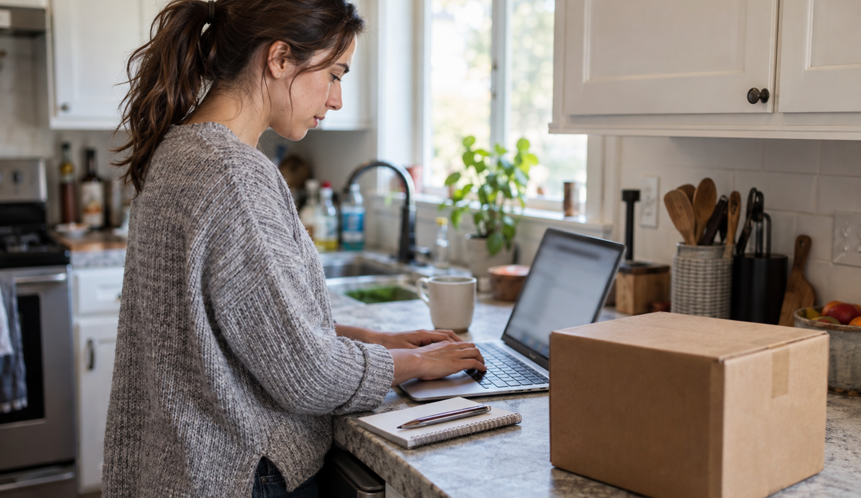 Une femme utilise un ordinateur portable sur le plan de travail de sa cuisine, à côté d'un colis encore fermé