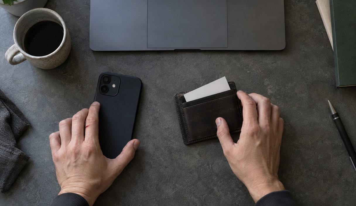 Hands arranging a face-down phone and a recovery card in a wallet sleeve beside a laptop, seen from above