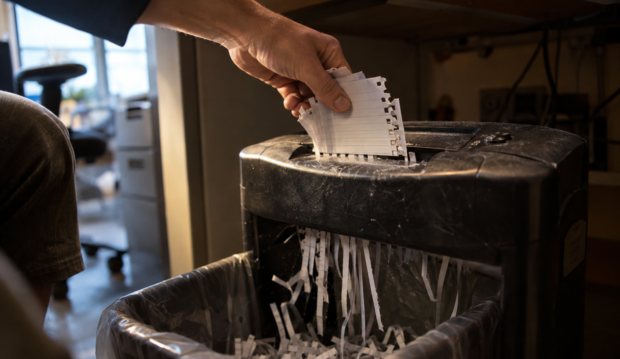 A hand feeding torn notebook pages into a desktop paper shredder