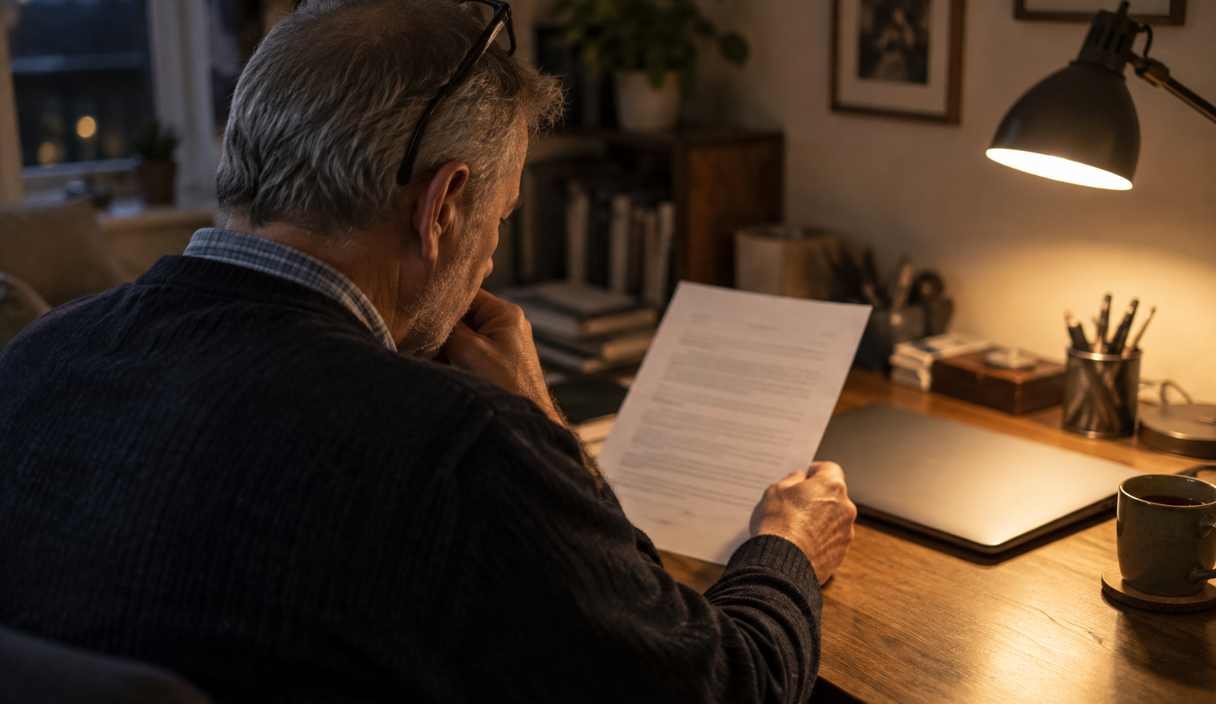 A man at a desk holding a printed letter beside a closed laptop