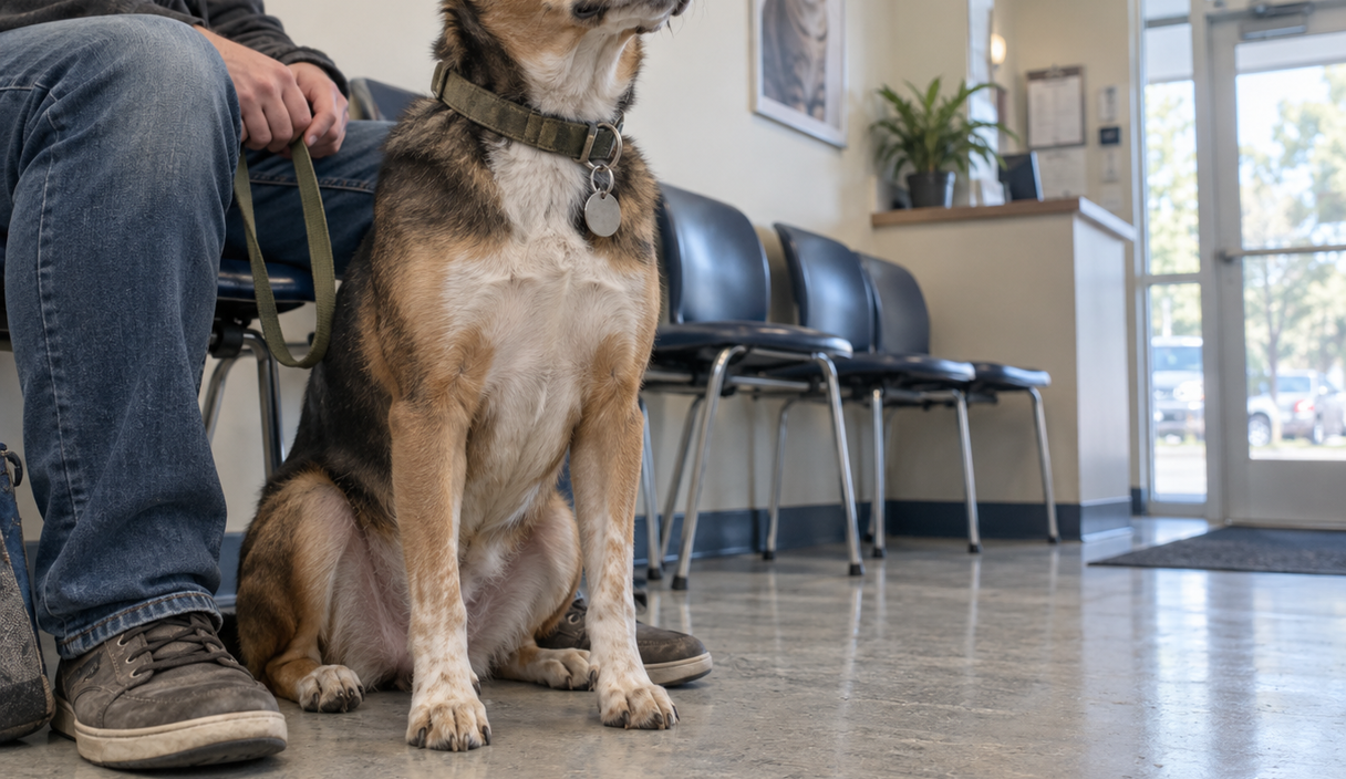 Un cane meticcio seduto con il guinzaglio nella sala d'attesa di un ambulatorio veterinario, accanto alle gambe del proprietario
