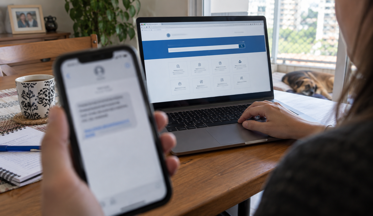 Pessoa segura o celular com uma mensagem recebida enquanto abre um site pelo notebook, na mesa de casa