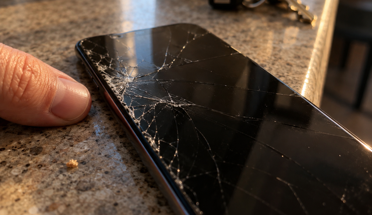 Uno smartphone con lo schermo crepato appoggiato su un piano di granito, con un dito che lo sfiora e un mazzo di chiavi sullo sfondo