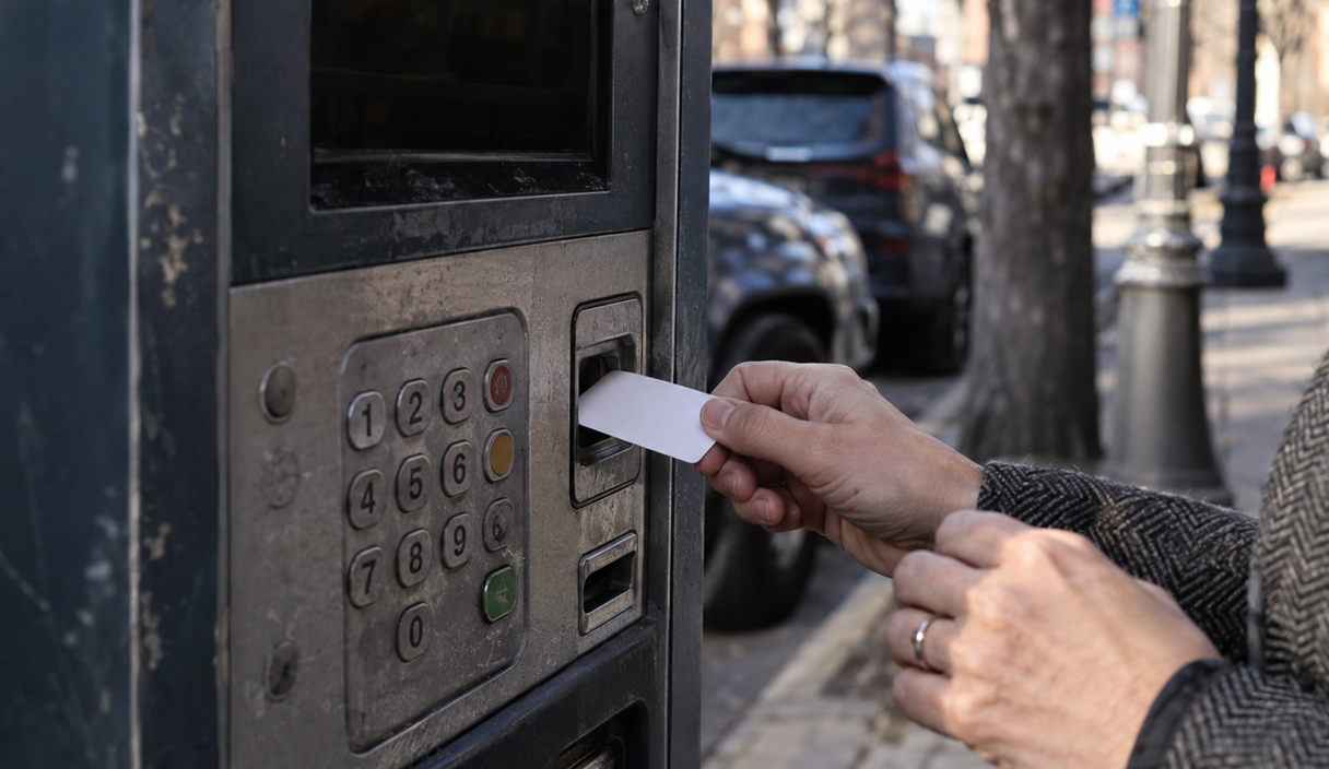 Hands inserting a bank card into the physical slot of a sidewalk parking kiosk