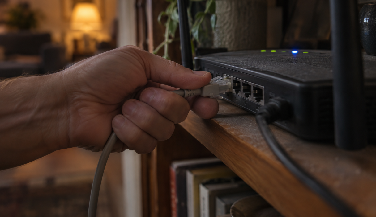 Primer plano de una mano que desconecta un cable de red de un router con las luces encendidas, sobre una estantería en penumbra