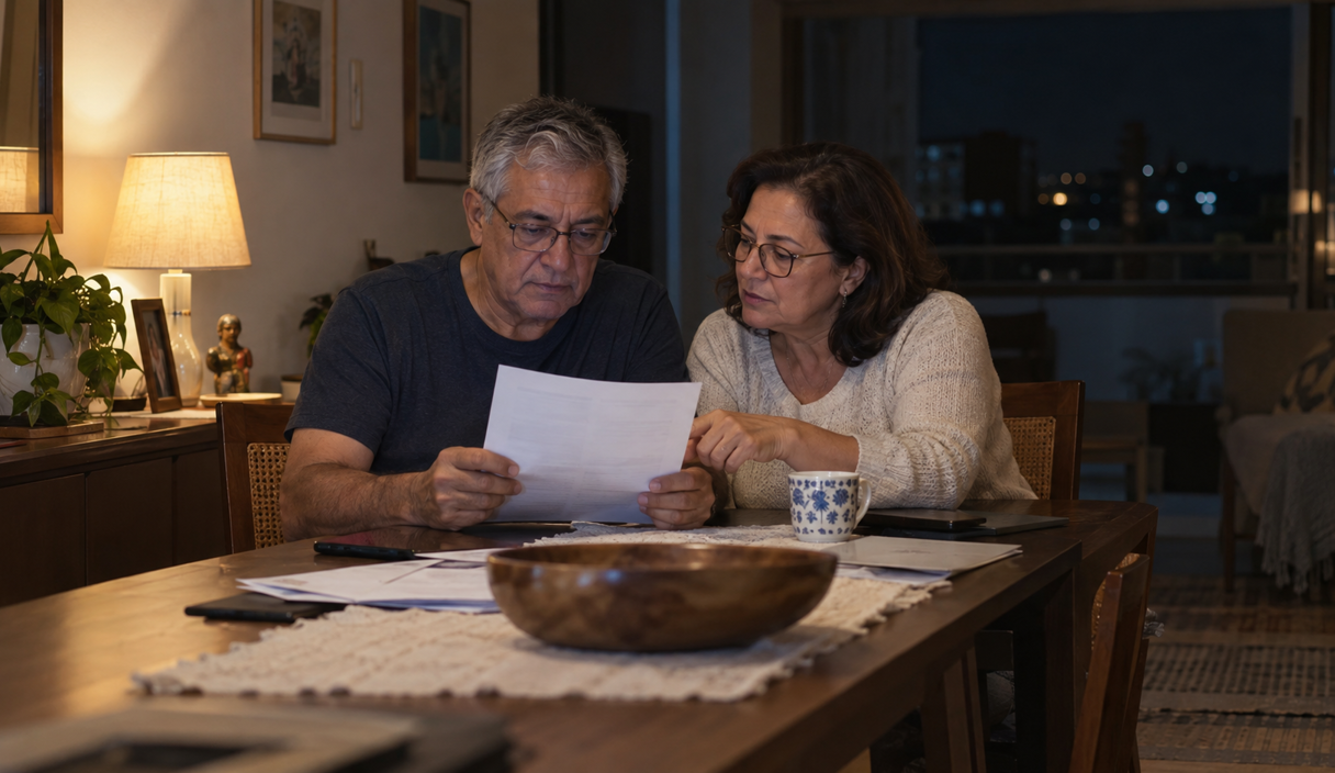 Vista de cima de uma mesa com celular, cartão, envelope, caixa de entrega e chaves Aposentada recebe ligação da Registrato: o que é, como consultar e o que cada relatório mostra