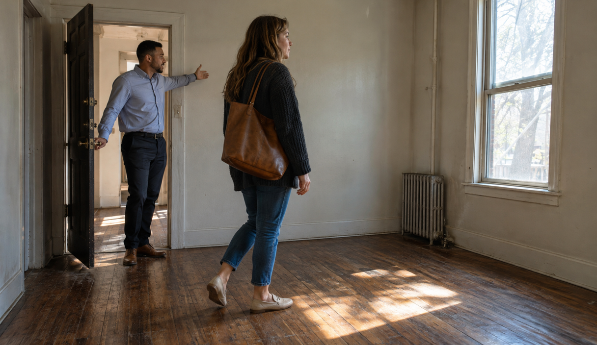 Une locataire visite un appartement vide pendant qu'un agent tient la porte ouverte