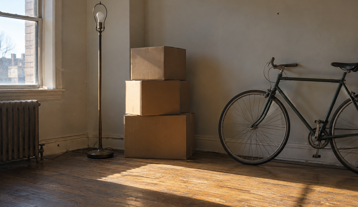 Stacked moving boxes, a bare floor lamp and a bicycle in an empty rented apartment