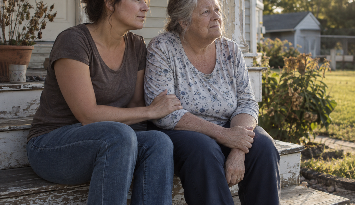 A daughter sitting with her mother on the front steps of a house, hand on her arm, talking quietly