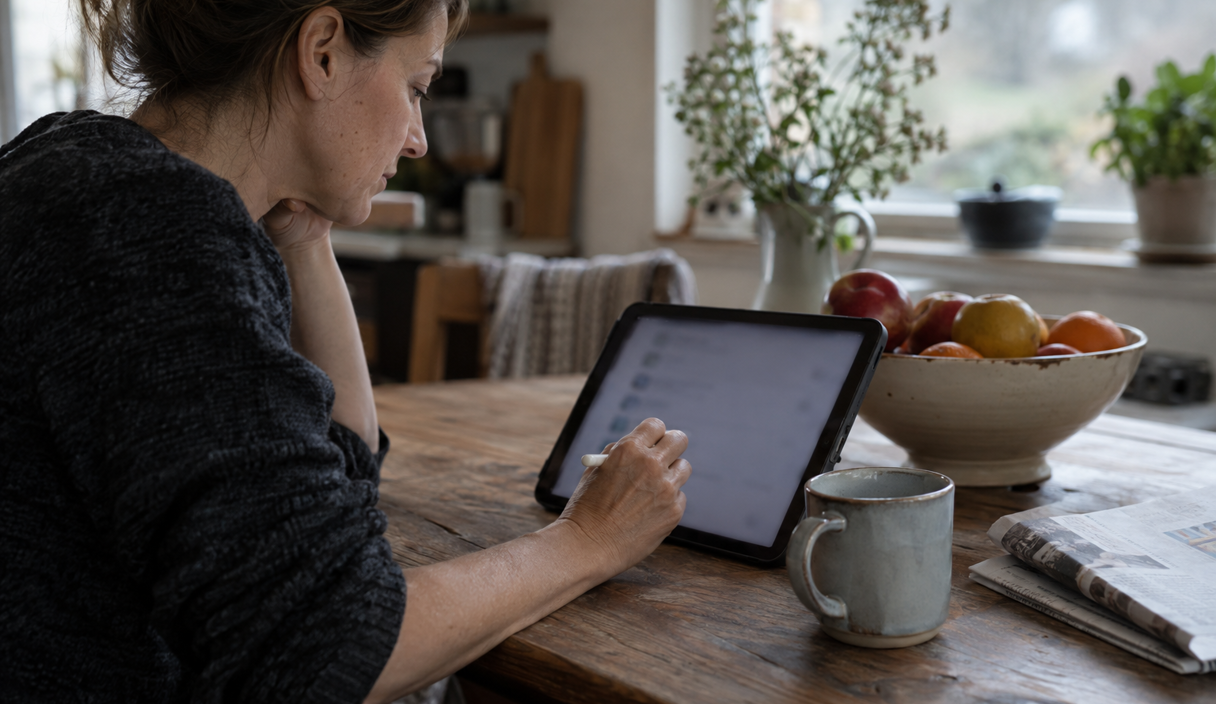 A woman working through a list of account settings on a tablet propped at her kitchen table