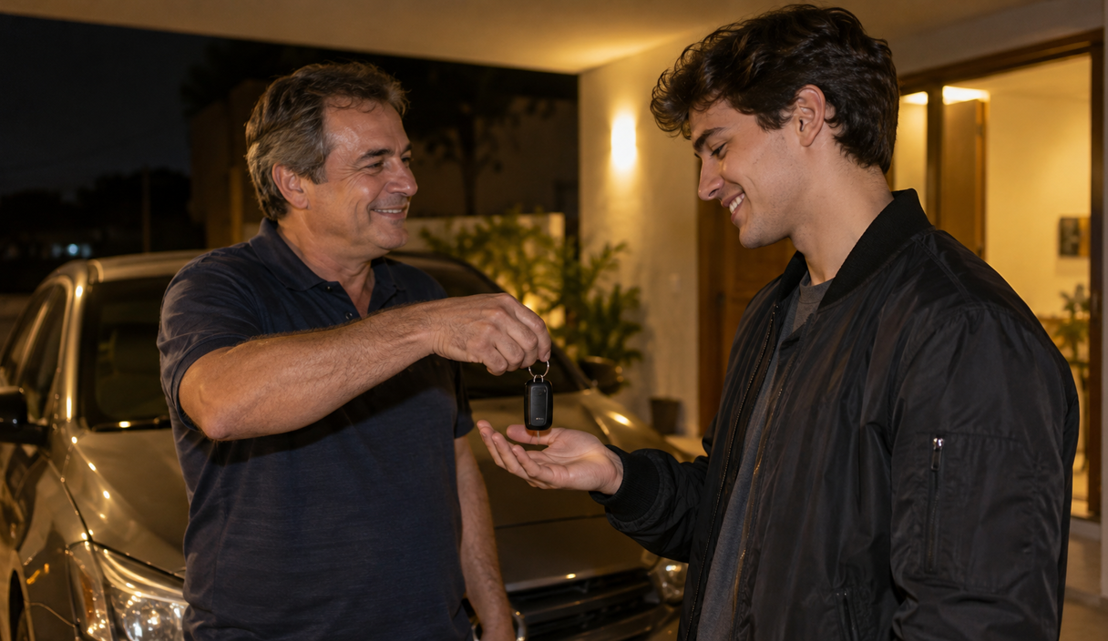 Vista de cima de uma mesa com celular, cartão, envelope, caixa de entrega e chaves Aposentada recebe ligação da Pai declara no seguro que só ele dirige, empresta o carro para o filho de 20 anos numa sexta à noite e descobre o que acontece quando o seguro é acionado