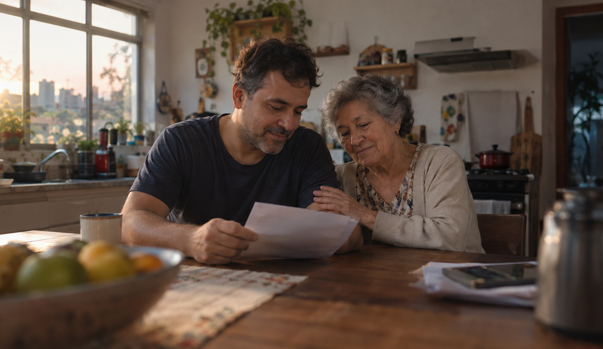 Homem adulto e a mãe idosa sentados à mesa da cozinha lendo uma carta juntos, ela com a mão no braço dele, na luz da tarde