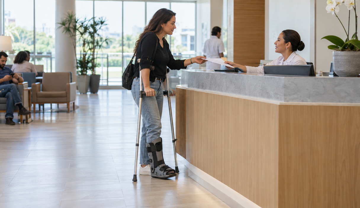 Mulher com bota ortopédica e muletas entrega um documento na recepção clara de um hospital