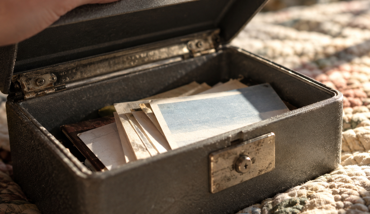 An open document box on a bed with folded papers and a card lying face down