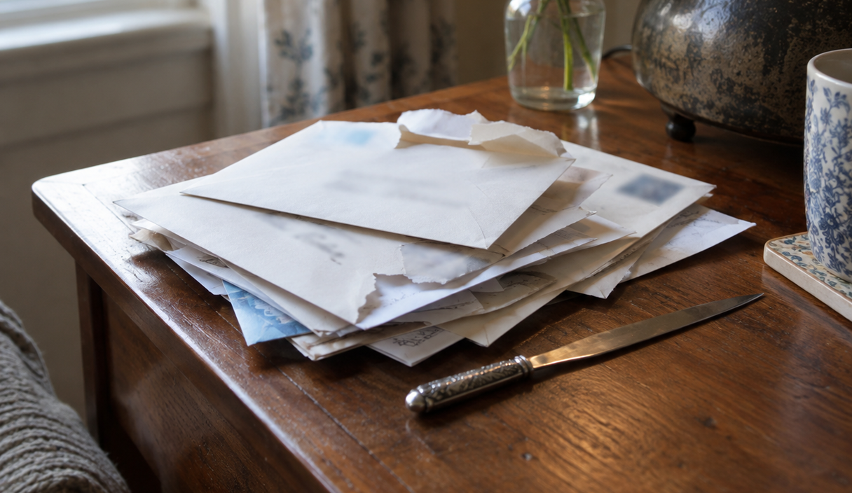 A stack of opened envelopes and a letter opener on a wooden side table in soft window light, with all text unreadable.