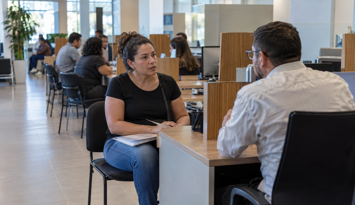 Mulher de 37 anos sentada diante do balcão de atendimento de uma agência bancária, conversando com um atendente, com uma pasta de papéis no colo e expressão firme e educada