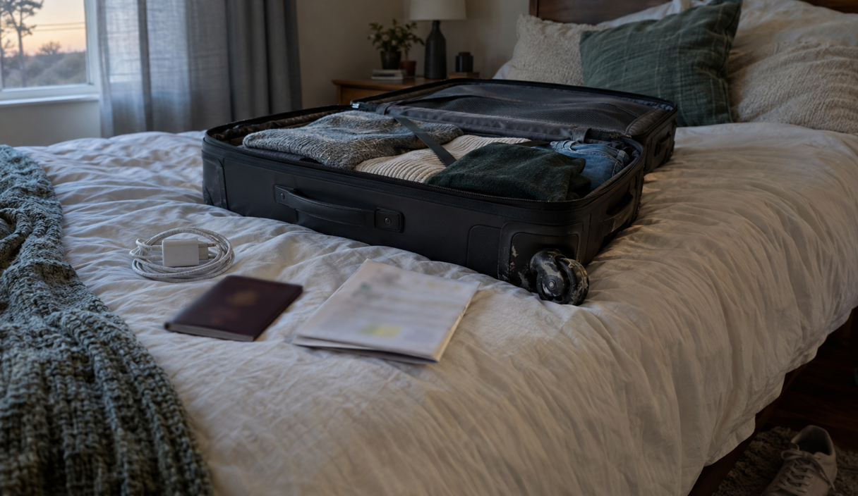 An open suitcase on a made bed at dawn with a passport lying face down beside it