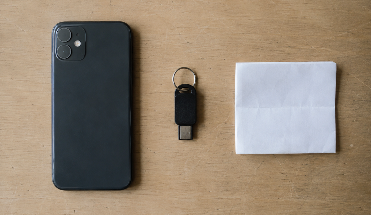 Vista dall'alto di un tavolo di legno con un telefono a faccia in giù, una piccola chiave di sicurezza USB con un anello portachiavi e un foglio di carta piegato.