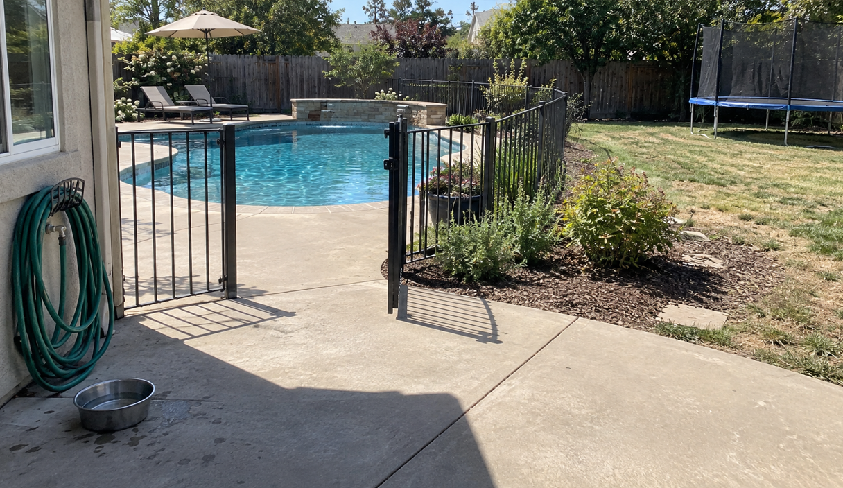 A backyard with a pool, a half-open gate in the fence and a trampoline at the far corner