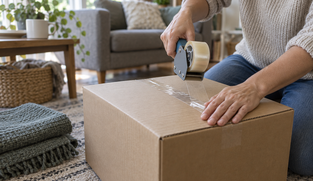 Hands taping shut a plain cardboard box on a living-room floor