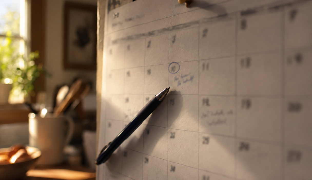 Un calendario appeso al muro di una cucina con un giorno cerchiato a penna e una penna appoggiata sul foglio, alla luce del mattino