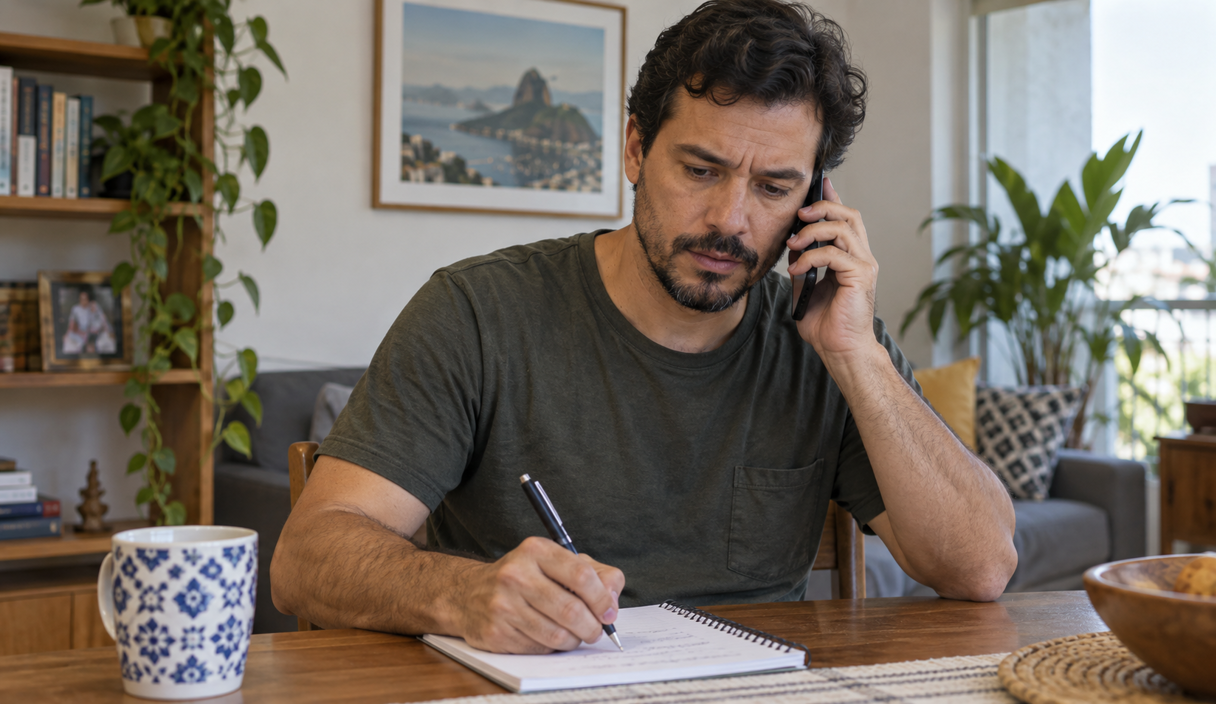 Pessoa anota o assunto de uma ligação inesperada antes de conferir