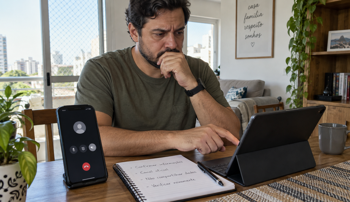 Homem sentado à mesa de casa olha desconfiado para o celular em chamada, ao lado de um caderno com anotações sobre canal oficial e não compartilhar dados