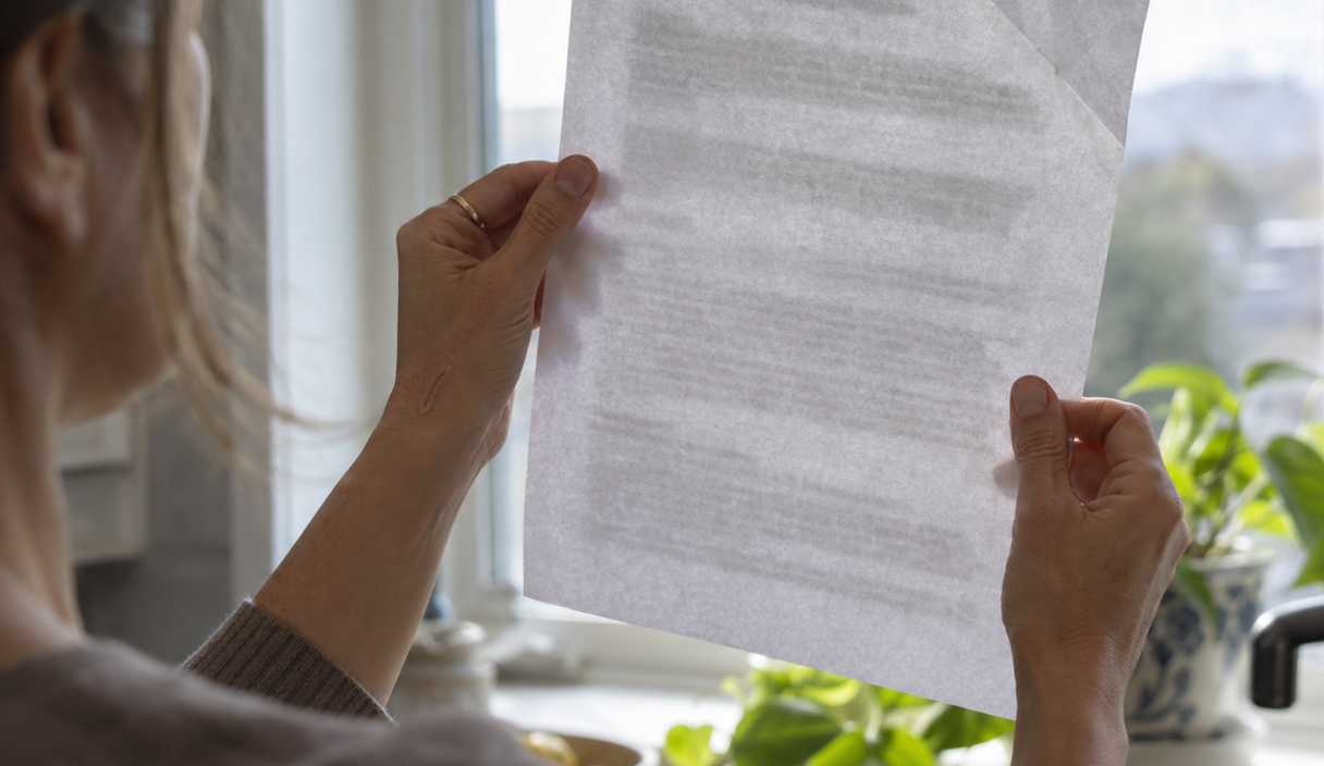 Hands holding a single-page notice up to the daylight at a kitchen window