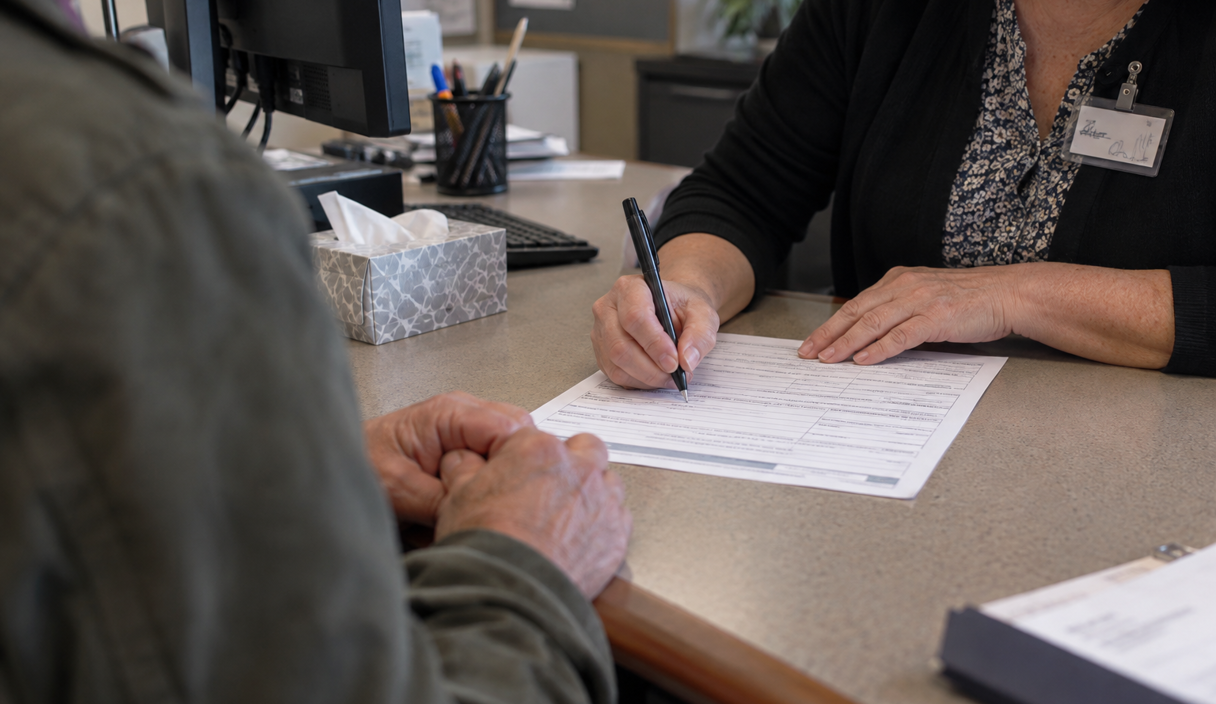 A bank employee filling in a printed form while a customer's hands rest on the desk