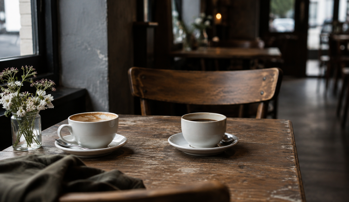 Two coffee cups on a café table, one untouched, with an empty chair across, in soft window light